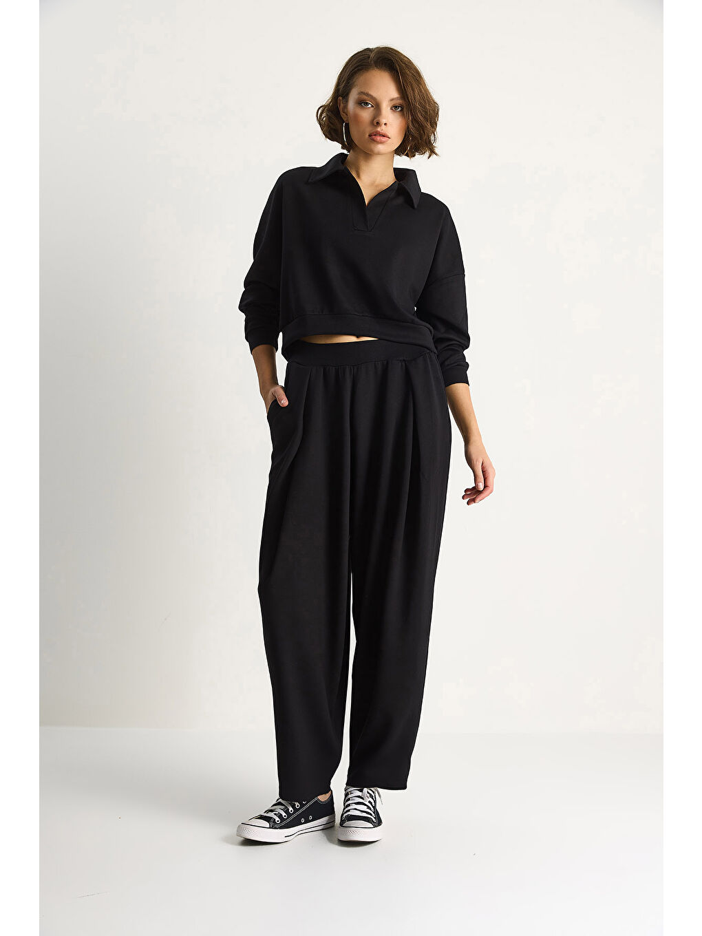 Siyah Kadın Yumuşuk Dokulu Polo Yaka Kısa Sweat Şalvar Viskon Dalgıç Takım-2