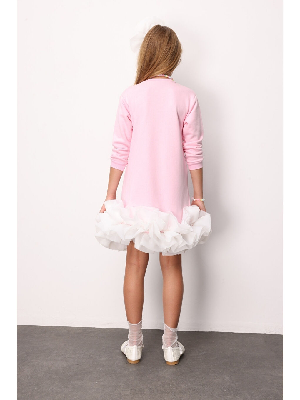 Pembe  Etek Ucu Fırfırlı Kız Çocuk Elbise - Alix-3