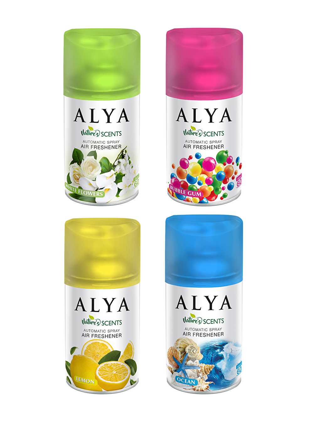 Alya Karışık Nature's Scents White Flowers- Bubble Gum - Lemon - Oceann Oda Kokusu Yedek Makine Spreyi 4x250