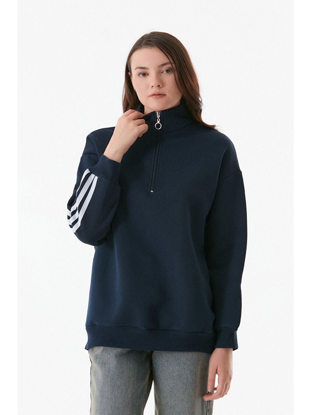 Fullamoda Lacivert Basic Yarım Fermuarlı Dik Yaka Sweatshirt - 1