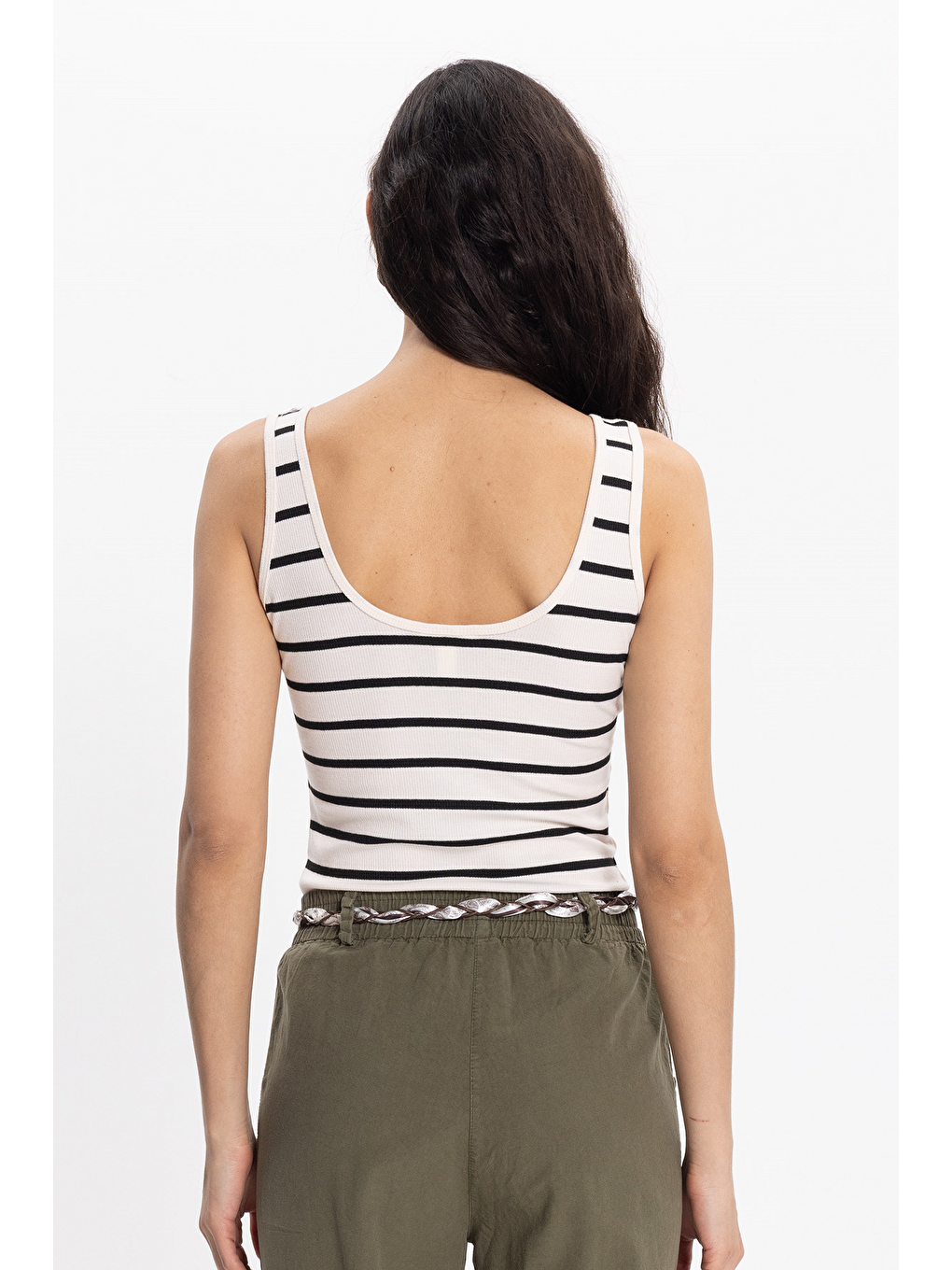 Kadın Slim Fit Dar Kesim Pamuklu Askılı Kare Yaka Çizgili Beyaz Crop-5