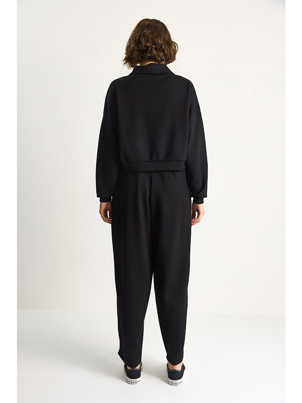 Siyah Kadın Yumuşuk Dokulu Polo Yaka Kısa Sweat Şalvar Viskon Dalgıç Takım-7