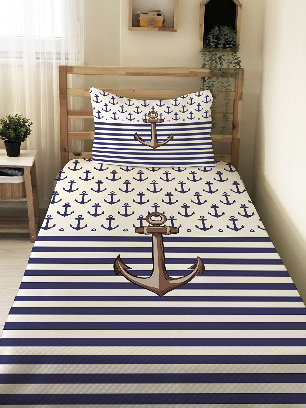 Karışık Çapa Desenli Çocuk Pike Takımı - 160x220 Cm Pike 50x70 Cm Yastık Kılıfı