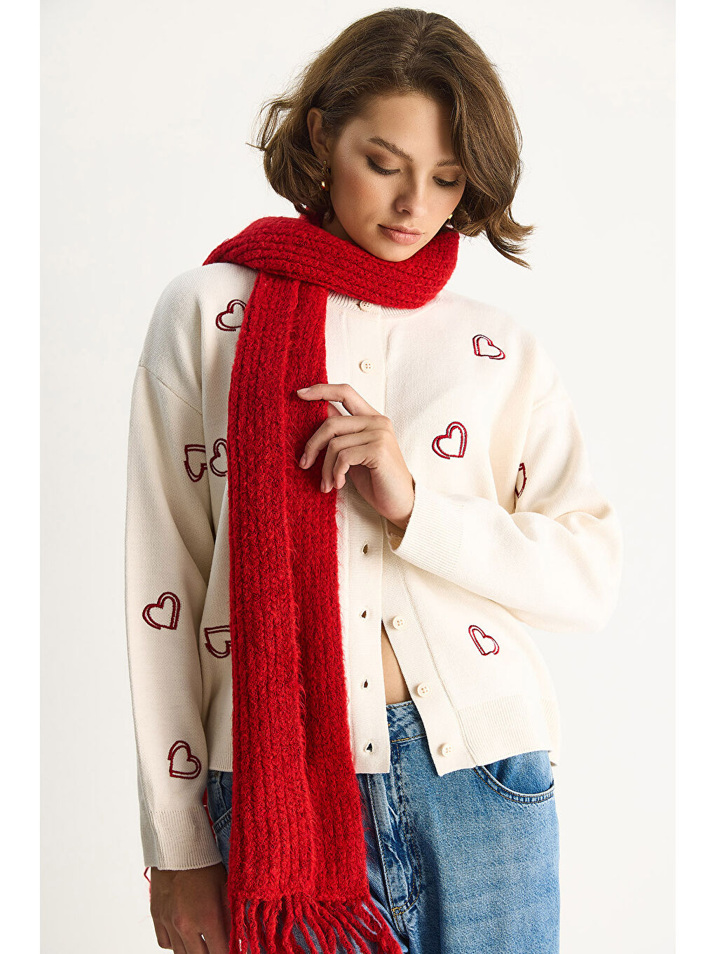 Ekru Kadın Kalp Nakışlı Bisiklet Yaka Triko Hırka TH-2