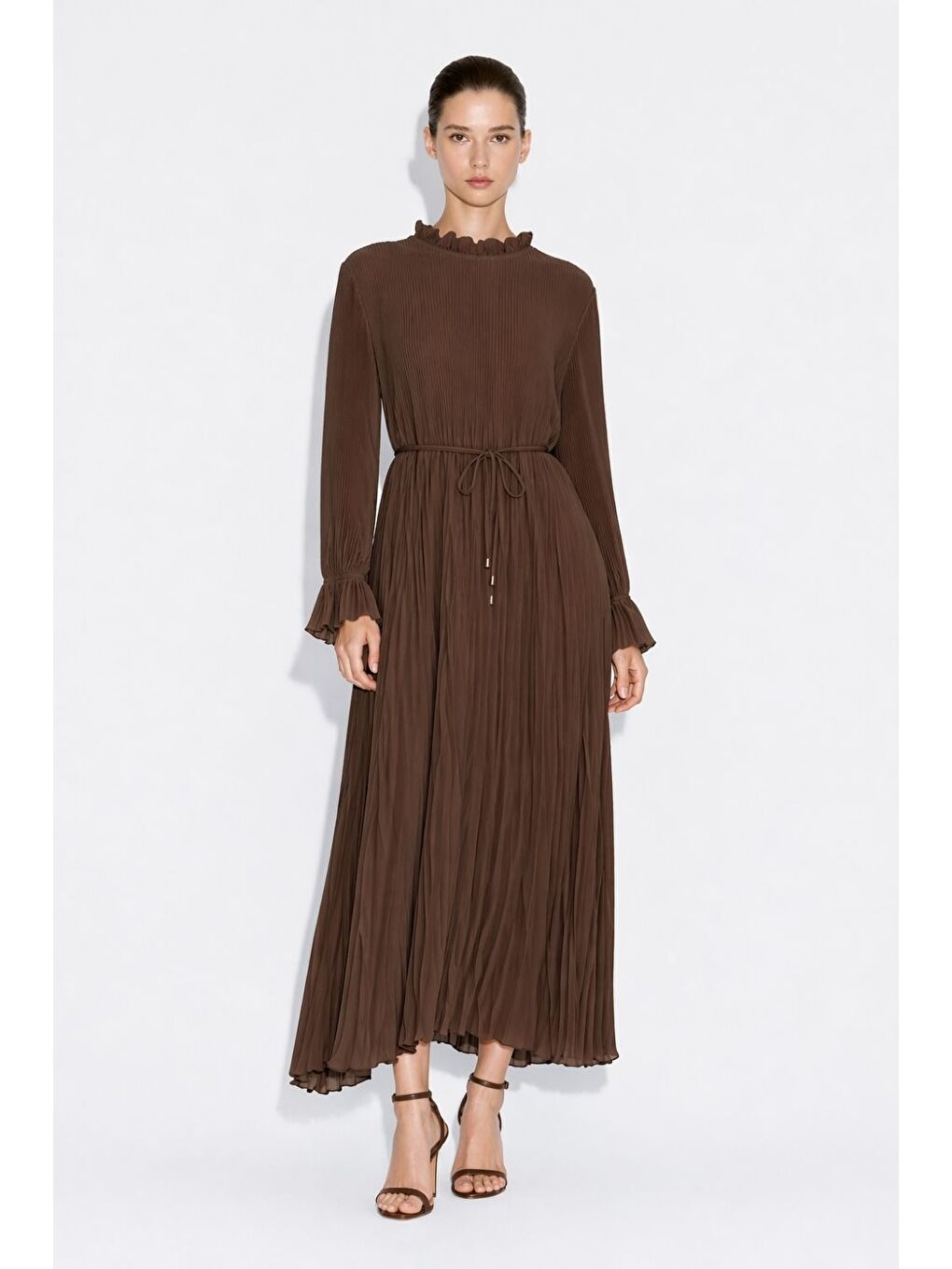 Acı Kahve Full Piliseli Maksi Kahverengi Elbise
