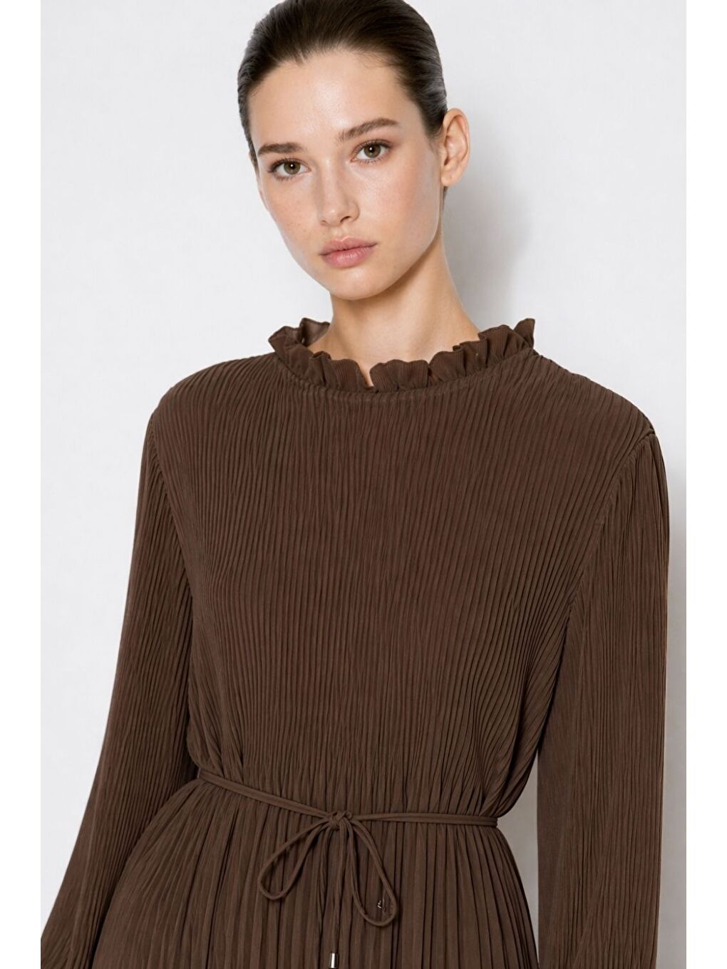 Acı Kahve Full Piliseli Maksi Kahverengi Elbise-2