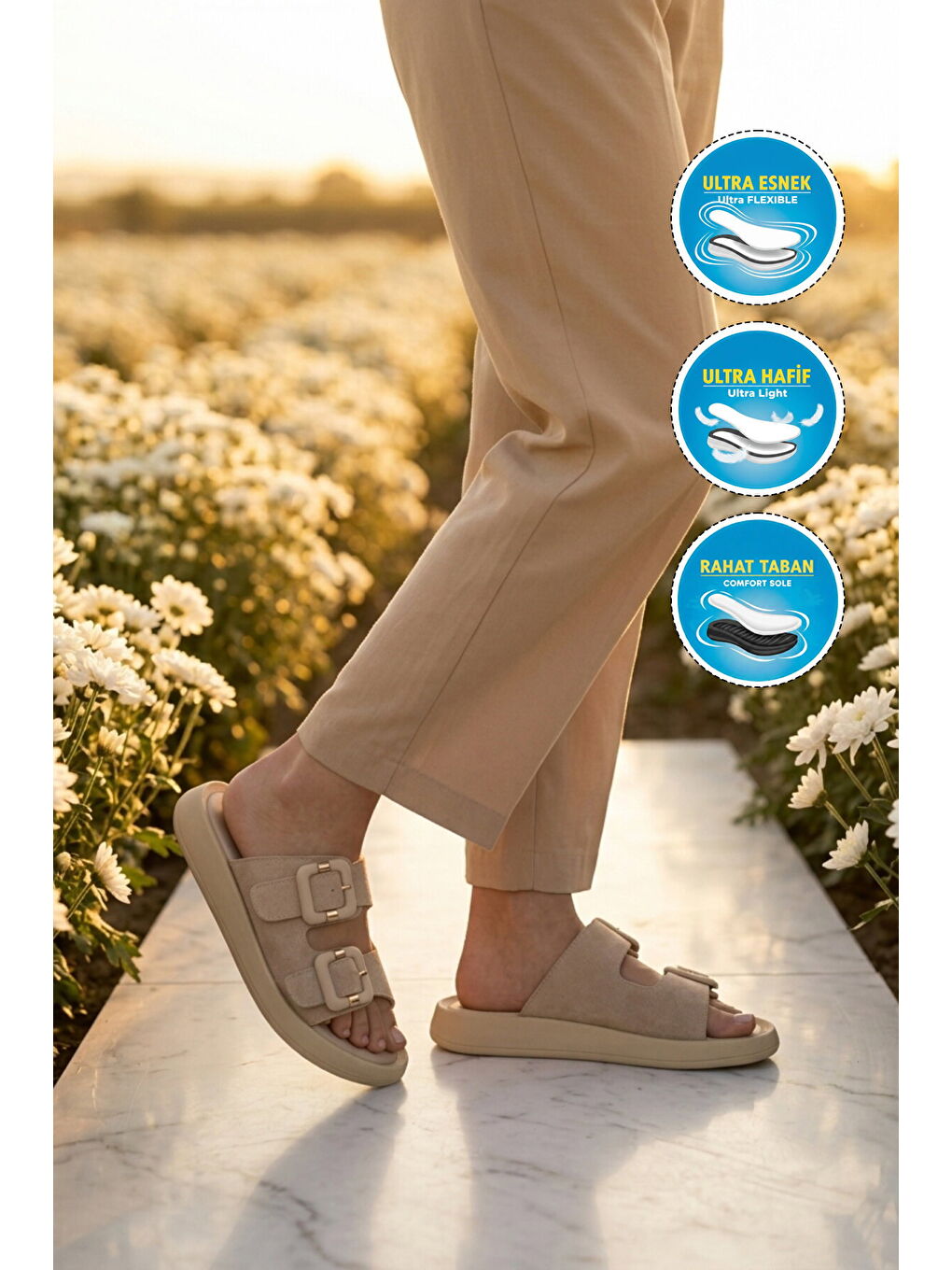 Bej Süet Çift Bantlı Hafif Kadın Terlik 513089 Z-2