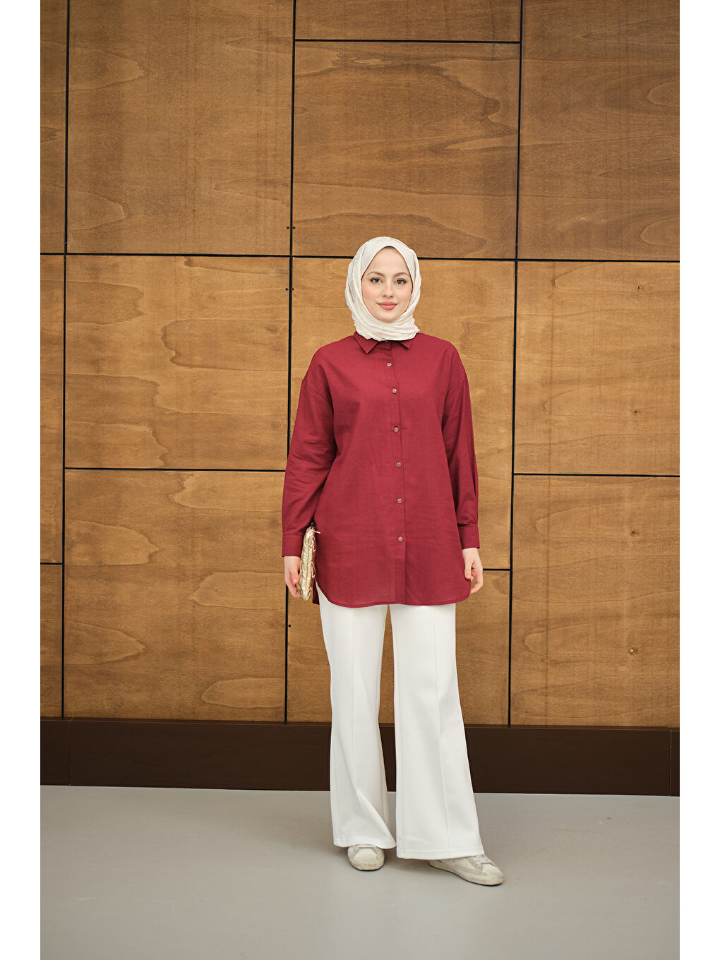 Kadın Şeffaf Düğme Detaylı Basic Gömlek Bordo-1