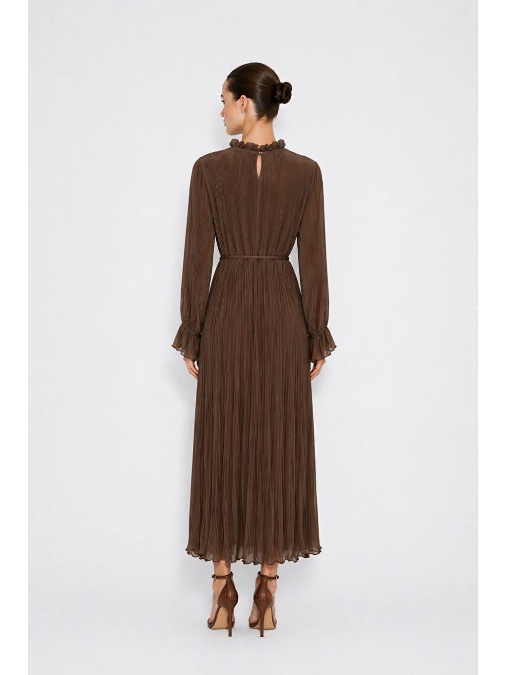 Acı Kahve Full Piliseli Maksi Kahverengi Elbise-3