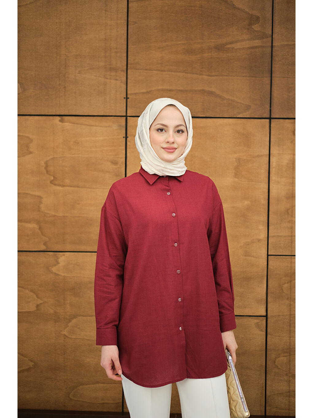 Kadın Şeffaf Düğme Detaylı Basic Gömlek Bordo-2