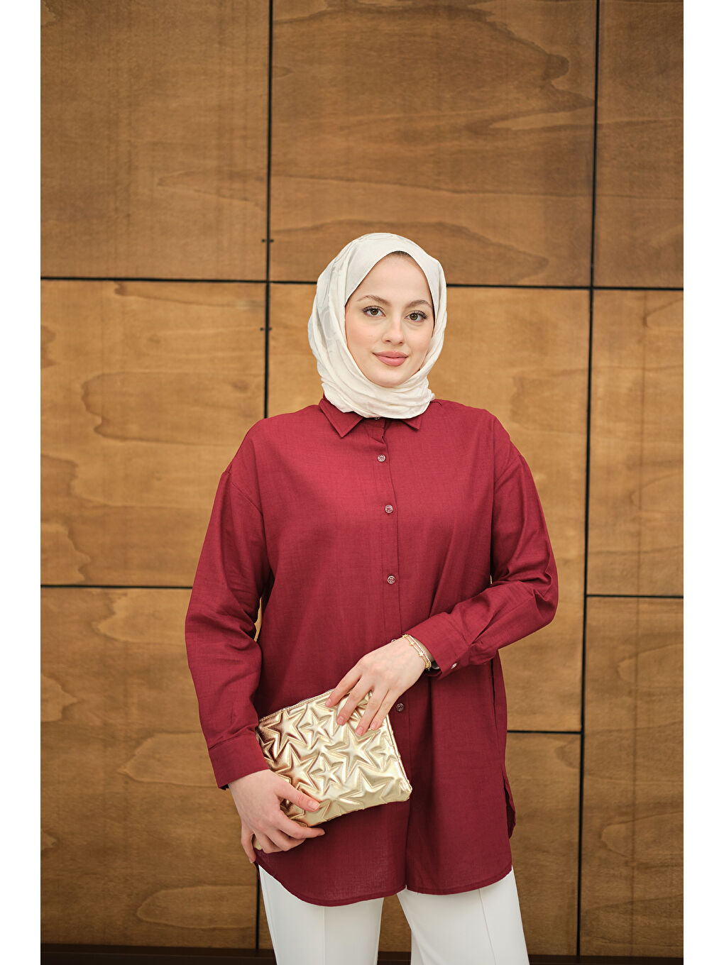 Kadın Şeffaf Düğme Detaylı Basic Gömlek Bordo-3