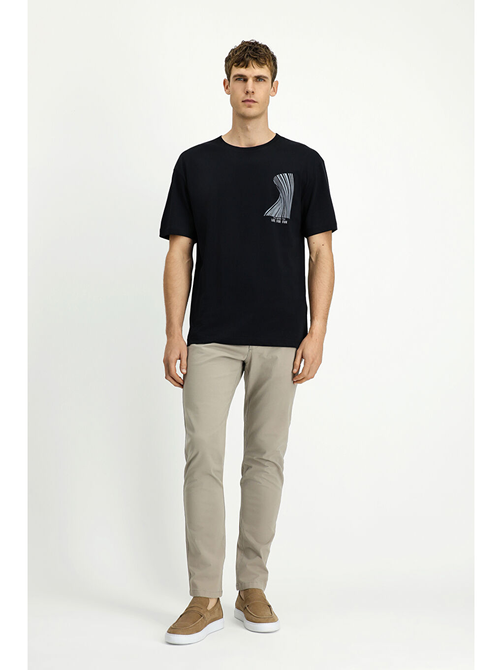 Siyah Bisiklet Yaka Oversize Pamuk Baskılı Tişört-1