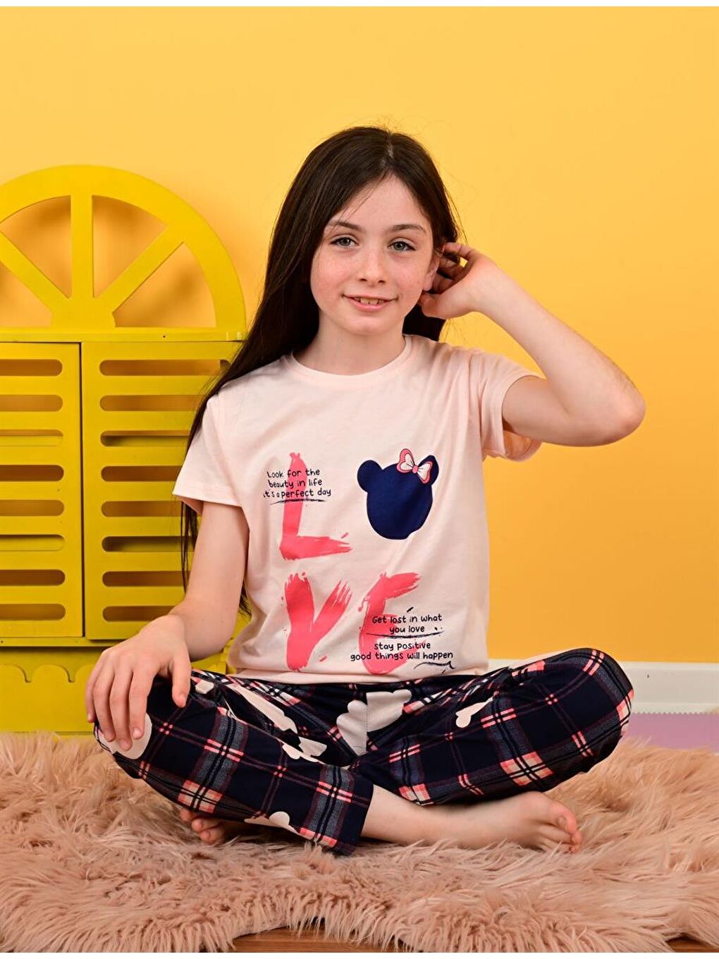 Pembe Kız Çocuk Kısa Kollu Pijama Takımı Love Bear Somon-2