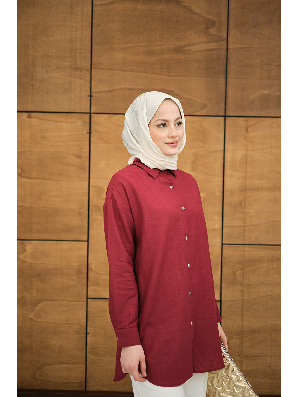 Kadın Şeffaf Düğme Detaylı Basic Gömlek Bordo-4