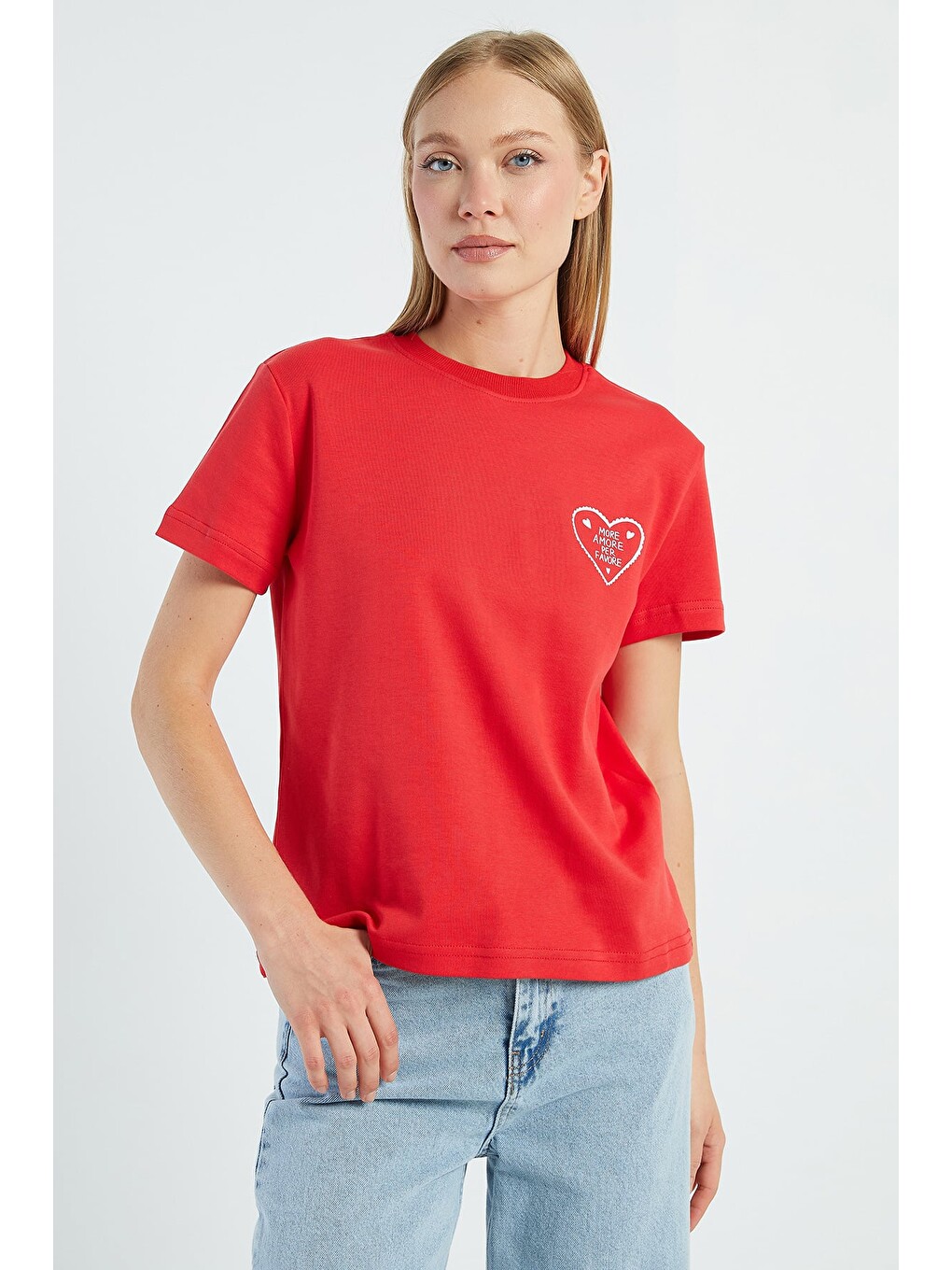 Kırmızı More Amore Per Favore Baskılı Tişört