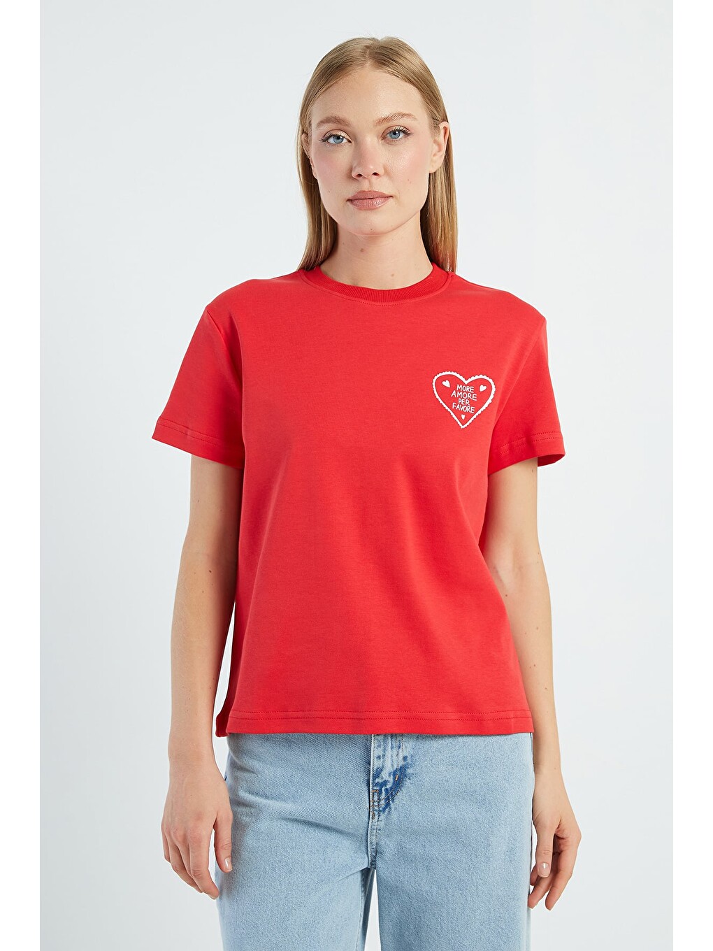 Kırmızı More Amore Per Favore Baskılı Tişört-1