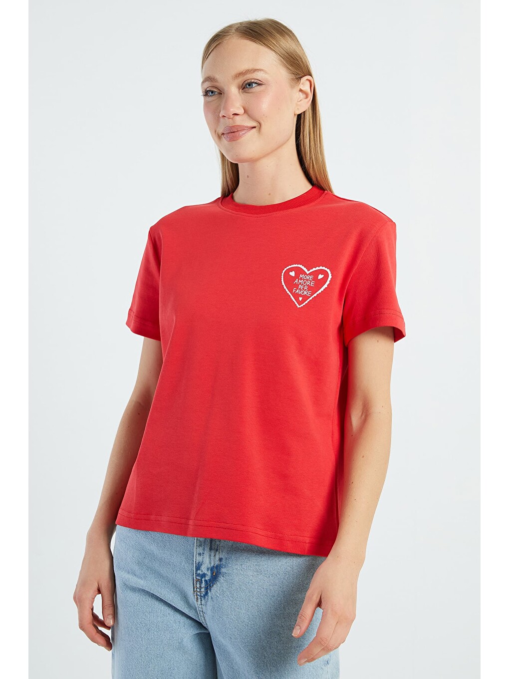 Kırmızı More Amore Per Favore Baskılı Tişört-2