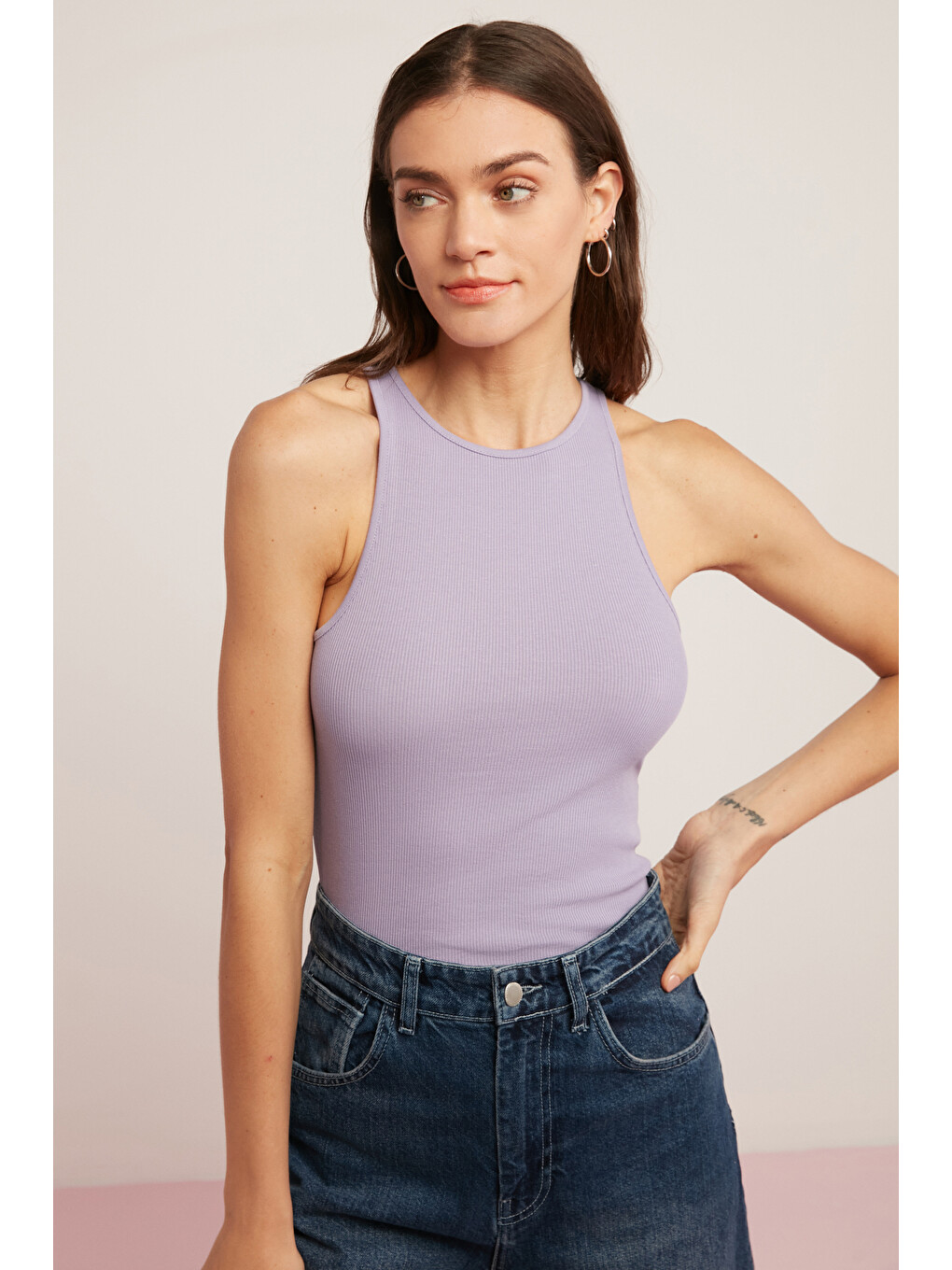 Mıra Kadın Fitilli Görünümlü Pamuklu Regular Fit Halter Yaka Sıfır Kollu Lila Atlet-1