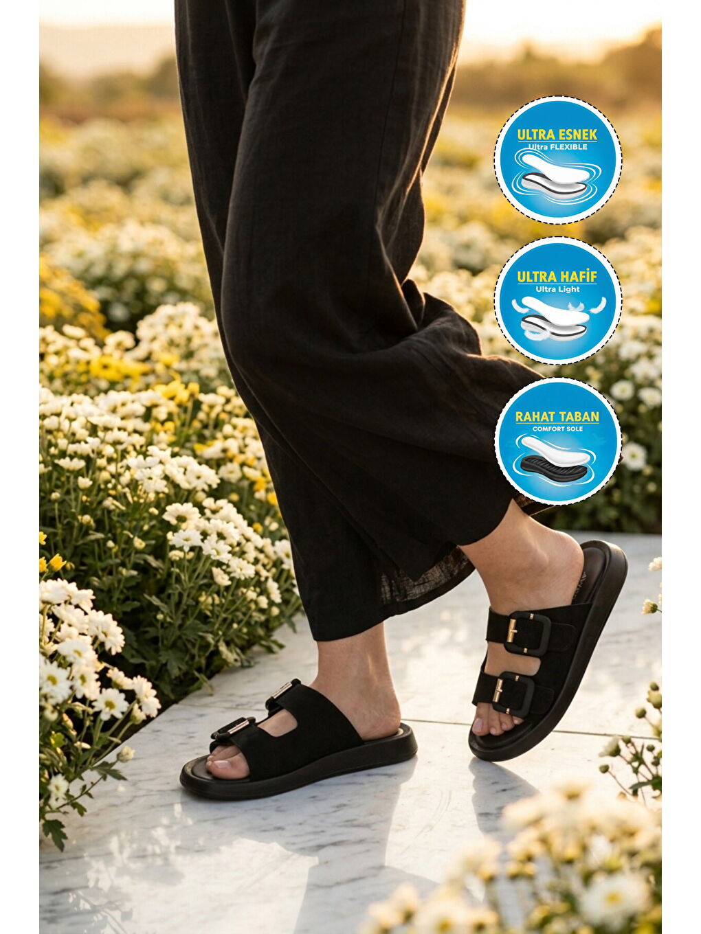 Siyah Süet Çift Bantlı Hafif Kadın Terlik 513089 Z-2