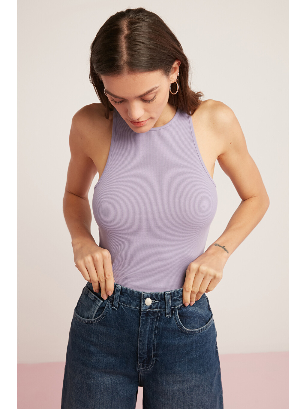 Mıra Kadın Fitilli Görünümlü Pamuklu Regular Fit Halter Yaka Sıfır Kollu Lila Atlet-2