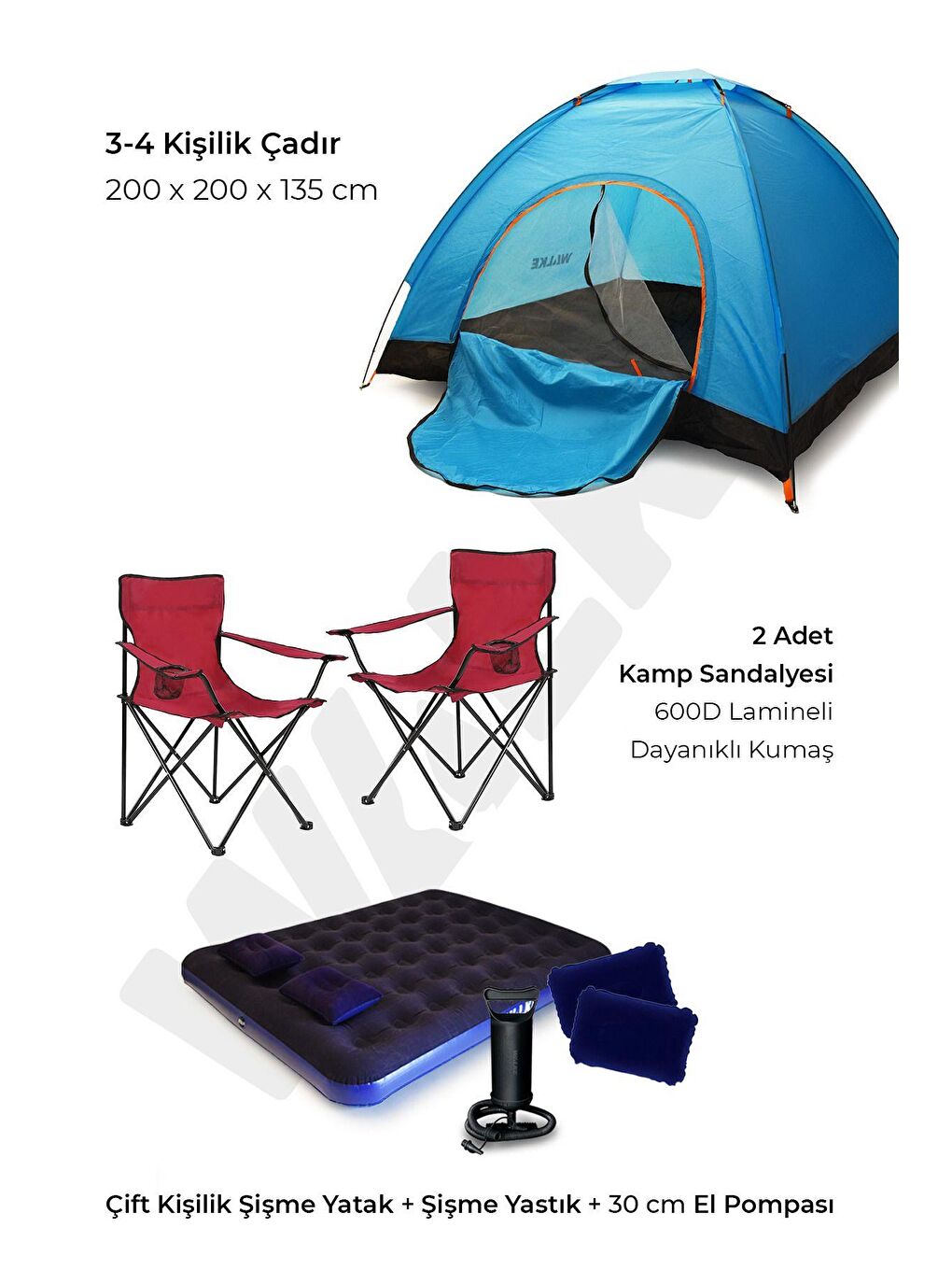 Mavi Lüks Kamp Seti 4 Kişilik Çadır Çift Kişilik Yatak 2 Adet Kırmızı Sandalye 2 Yastık Pompa