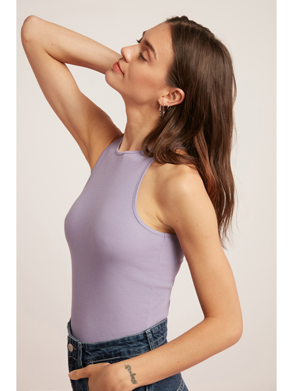 Mıra Kadın Fitilli Görünümlü Pamuklu Regular Fit Halter Yaka Sıfır Kollu Lila Atlet-3