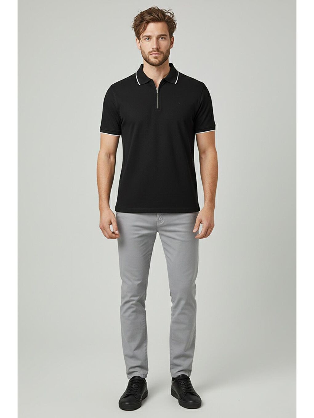 Erkek Siyah Fermuarlı Polo Yaka Pike T-Shirt-1