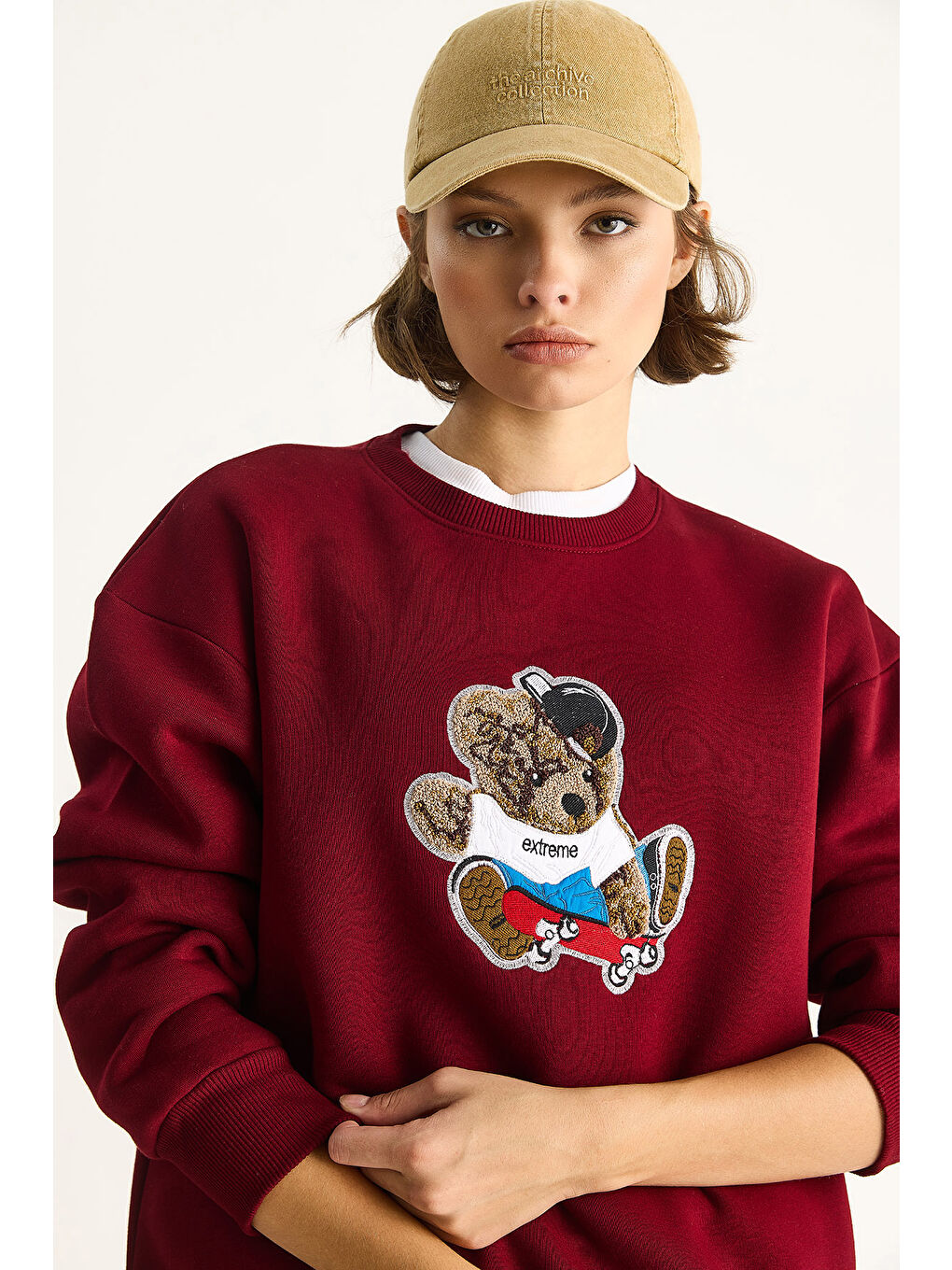 Bordo Kadın Teddy Nakış İşlemeli Bisiklet Yaka Salaş Sweatshirt-3