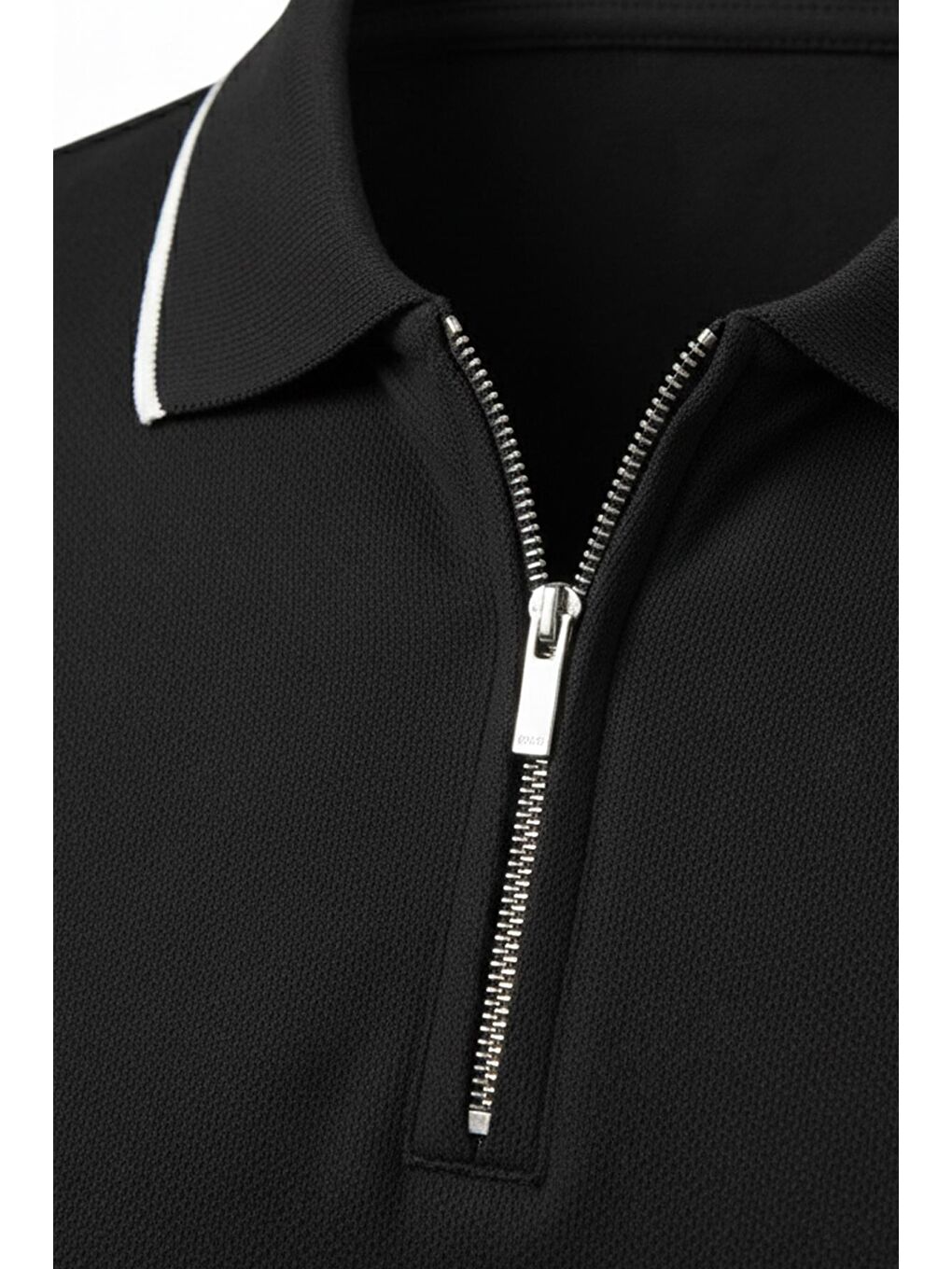 Erkek Siyah Fermuarlı Polo Yaka Pike T-Shirt-3