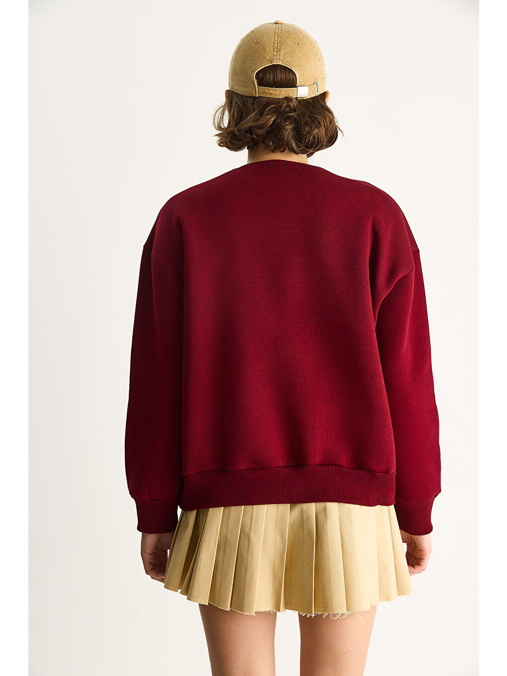 Bordo Kadın Teddy Nakış İşlemeli Bisiklet Yaka Salaş Sweatshirt-5