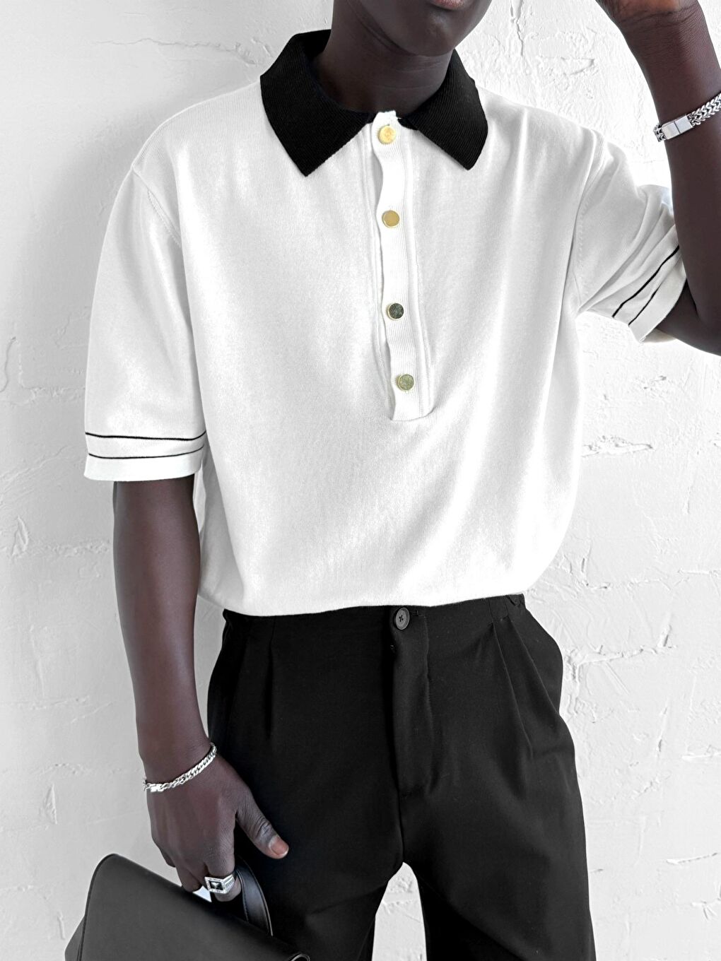 Erkek Kontrast Polo Yaka Premium Regular Fit T-Shirt Beyaz-3