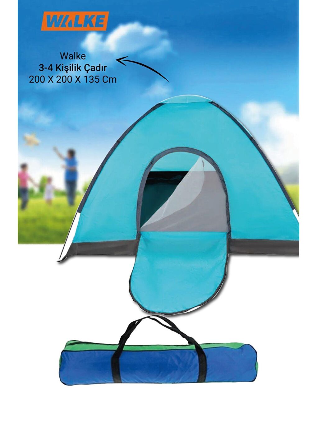 Mavi 3-4 Kişilik Kolay Kurulum Kamp Çadırı 200 X 200 X 135 Cm-1
