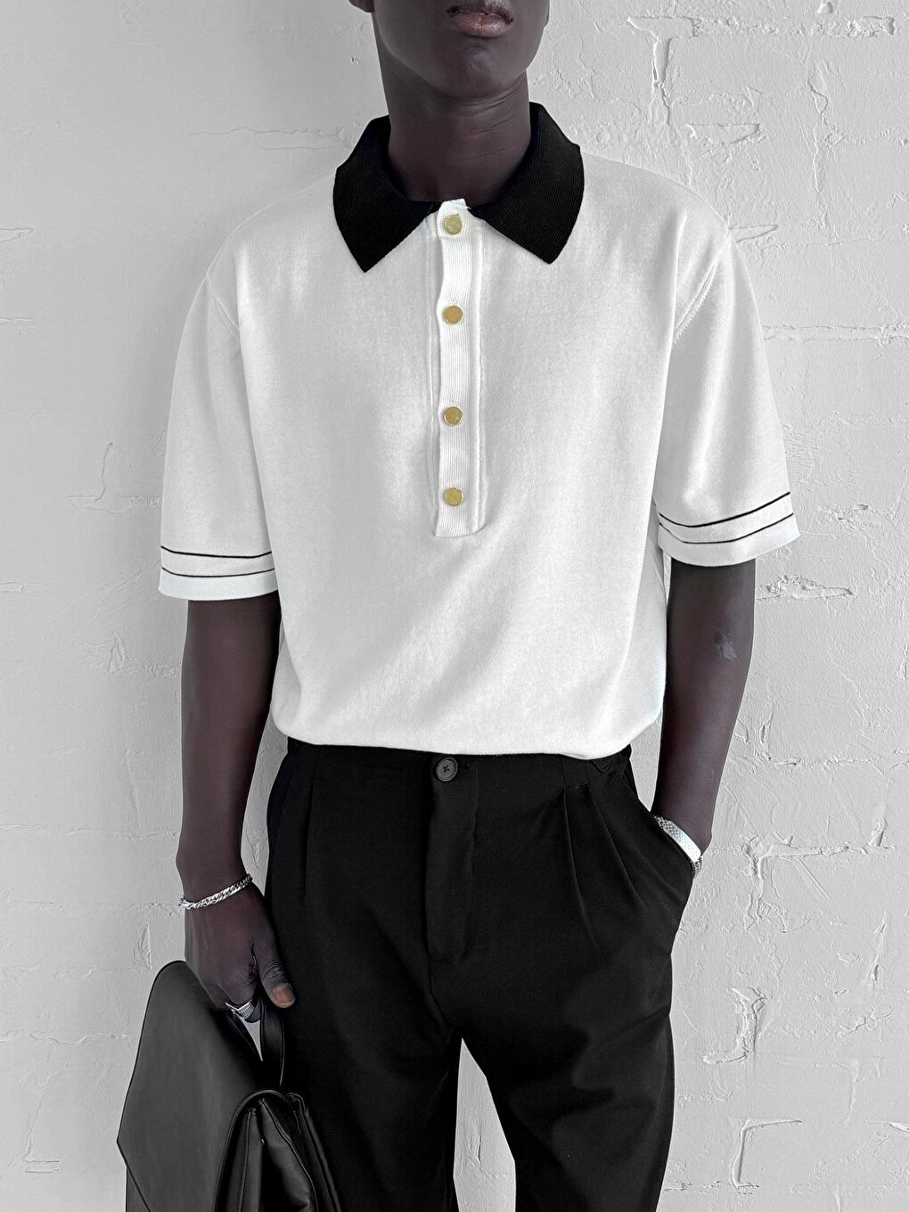 Erkek Kontrast Polo Yaka Premium Regular Fit T-Shirt Beyaz-4