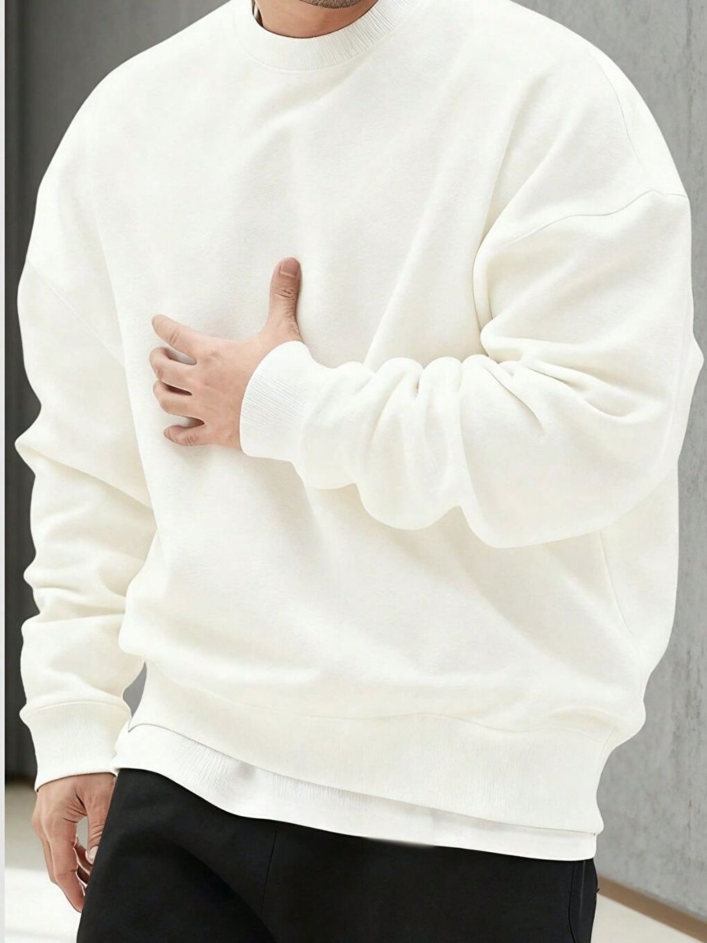 Erkek Beyaz Rahat Düz Sweatshirt