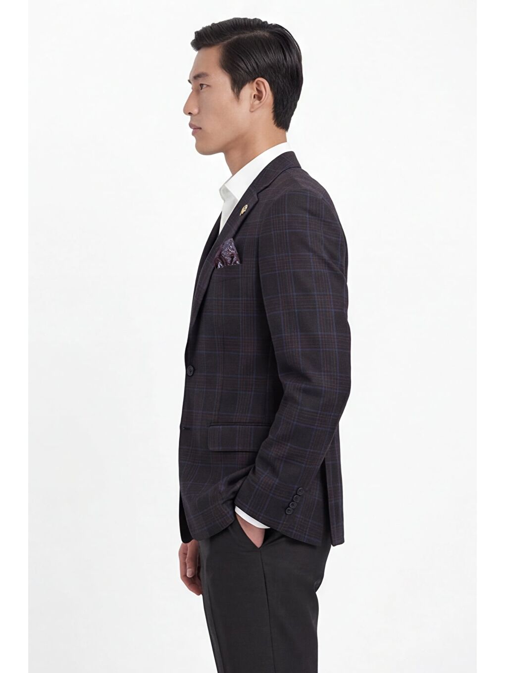 Erkek Siyah Dar Kesim Slim Fit %100 Yün Ekose Dokuma Normal Bel 6 Drop Takım Elbise-2