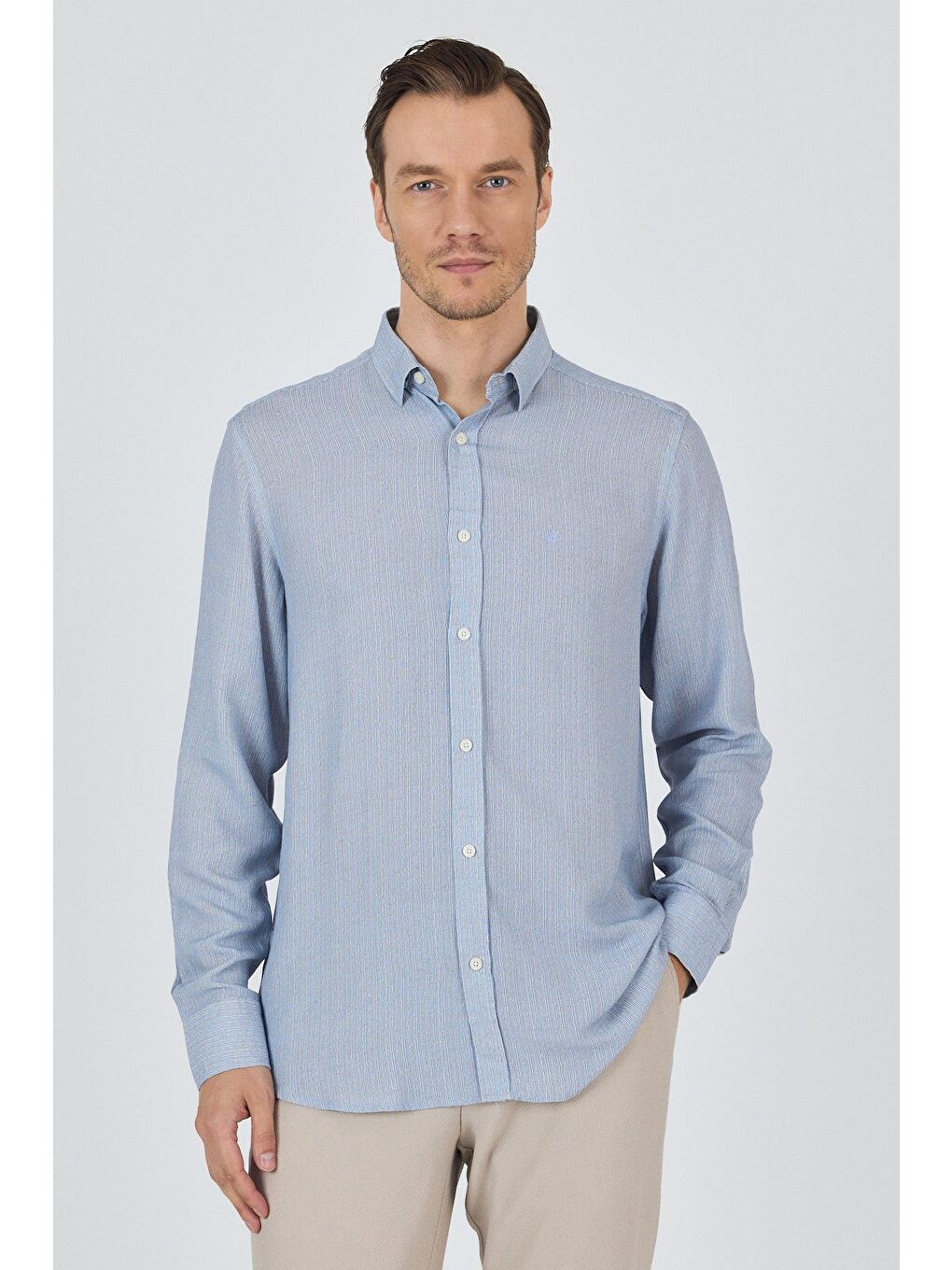 Koyu Mavi Uzun Kol Baskılı Cepsiz Keten Casual Slim Fit Büyük Beden Gömlek 1004250112