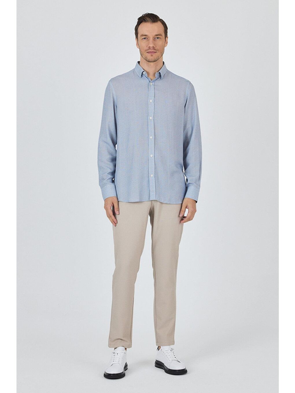 Koyu Mavi Uzun Kol Baskılı Cepsiz Keten Casual Slim Fit Büyük Beden Gömlek 1004250112-1