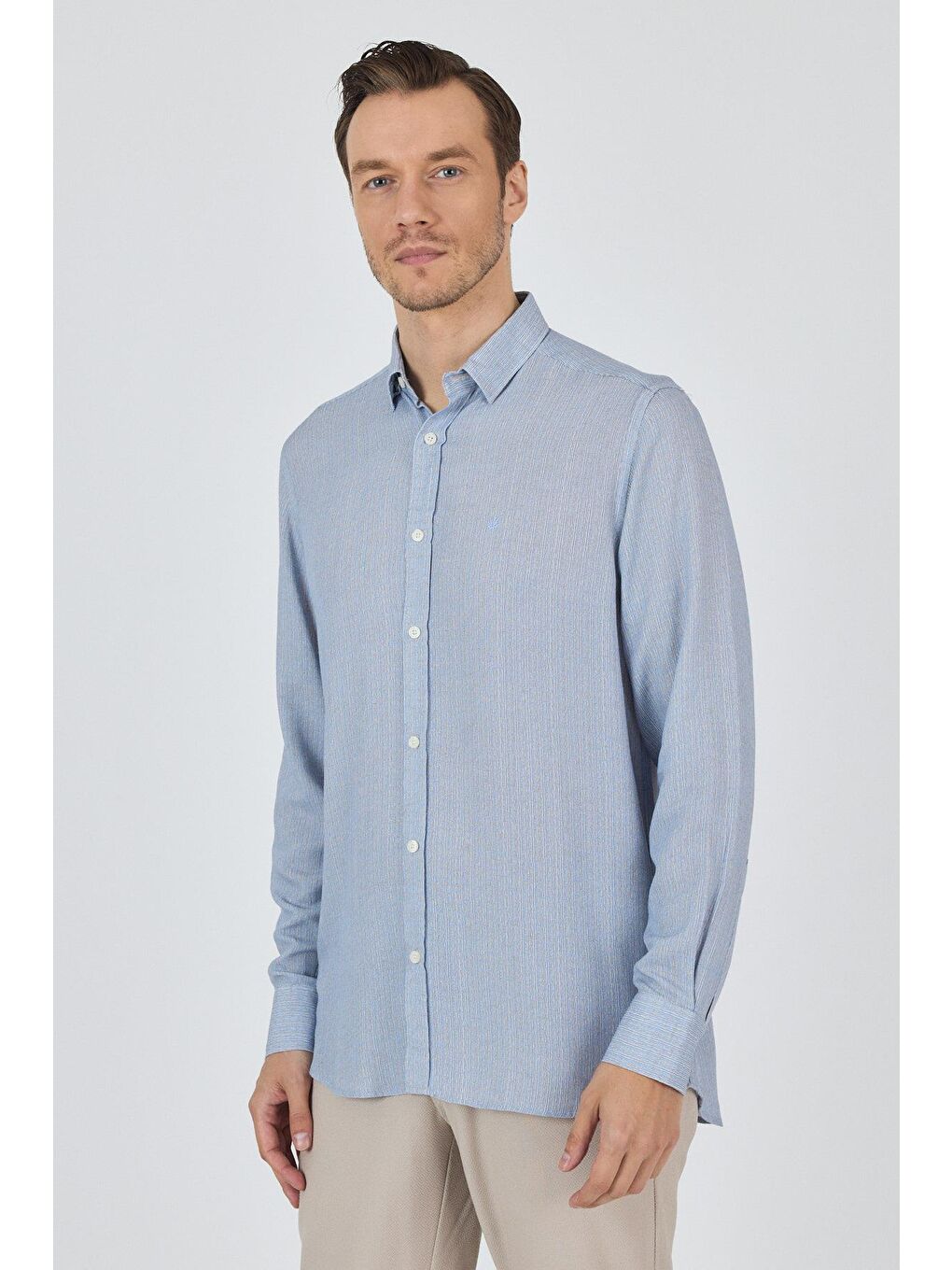 Koyu Mavi Uzun Kol Baskılı Cepsiz Keten Casual Slim Fit Büyük Beden Gömlek 1004250112-2