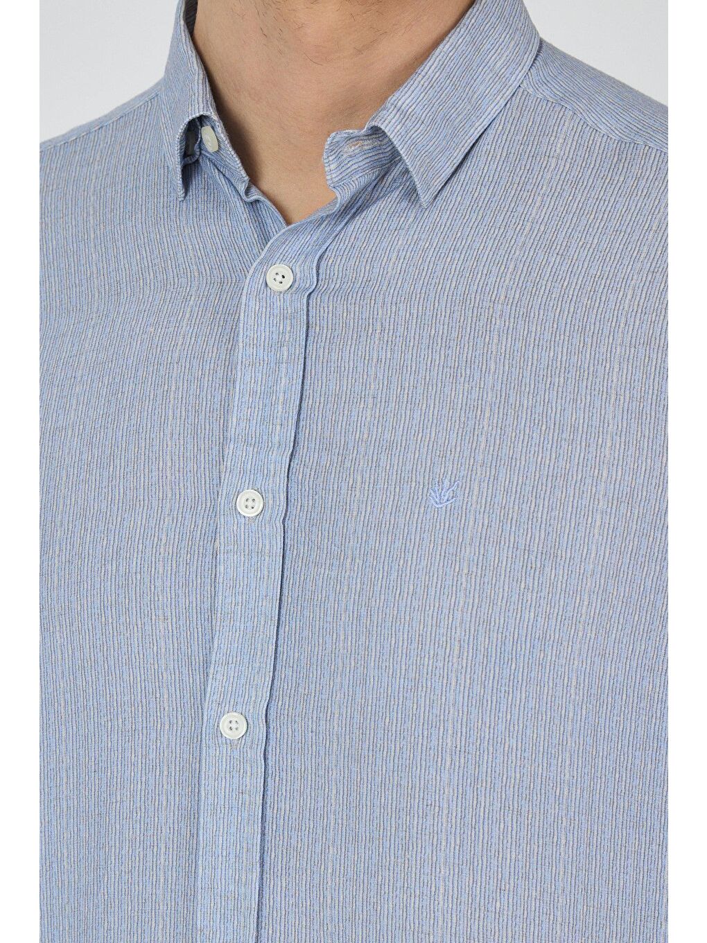 Koyu Mavi Uzun Kol Baskılı Cepsiz Keten Casual Slim Fit Büyük Beden Gömlek 1004250112-3