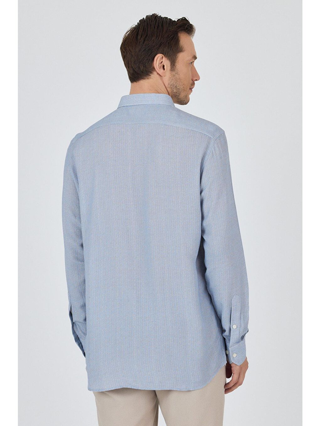 Koyu Mavi Uzun Kol Baskılı Cepsiz Keten Casual Slim Fit Büyük Beden Gömlek 1004250112-4