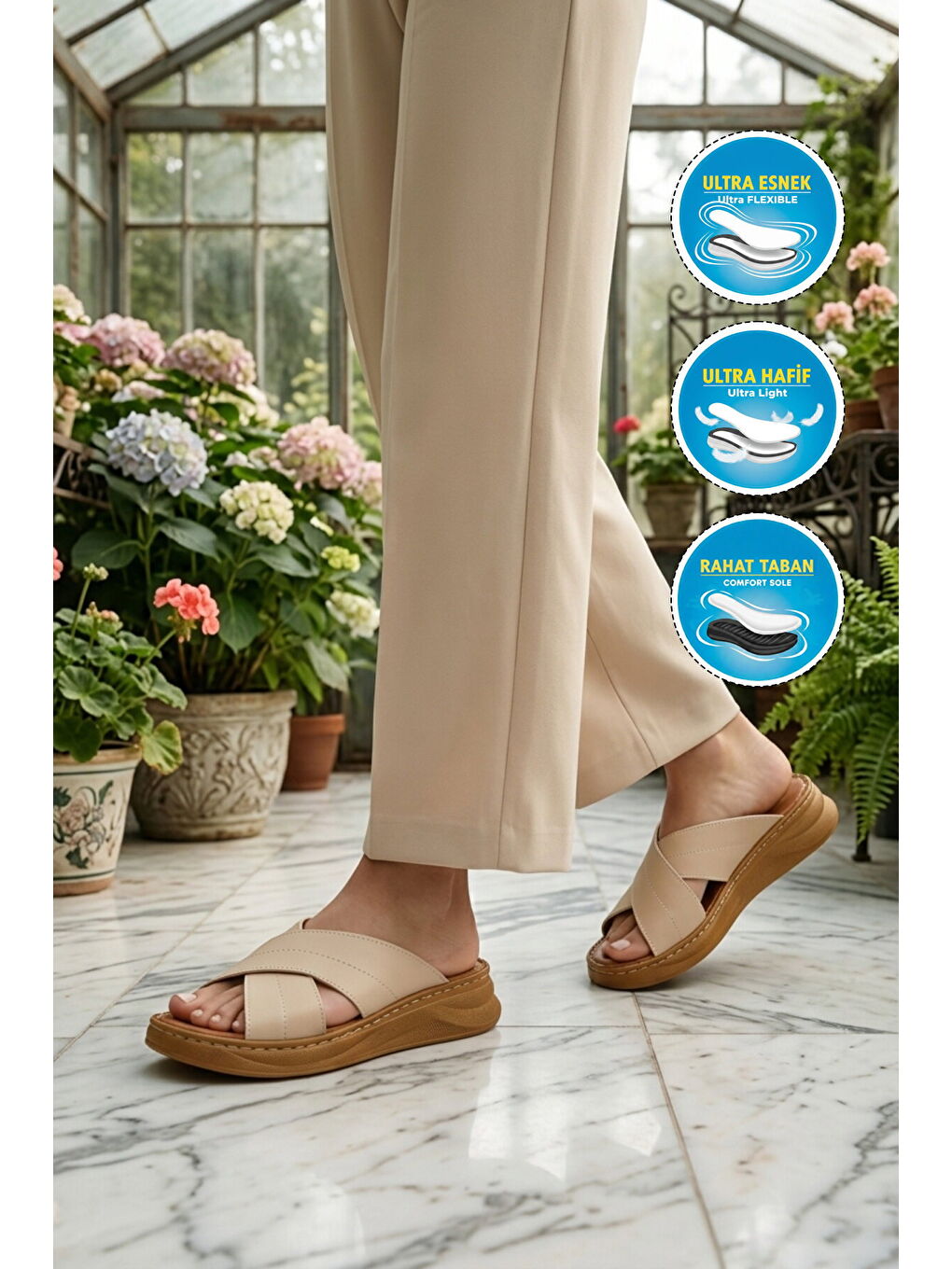 Bej Yumuşak Tabanlı Çapraz Bantlı Kadın Terlik 492148 Z-2