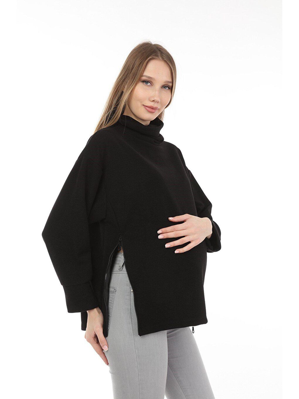 Luvmabelly Siyah Boğazlı Uzun Kollu Kadın Hamile Sweatshirt