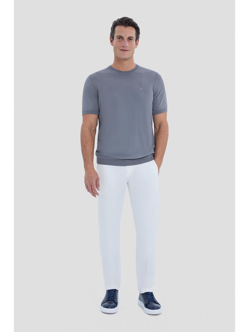 Gri Slim Fit Triko Bisiklet Yaka Tişört-1