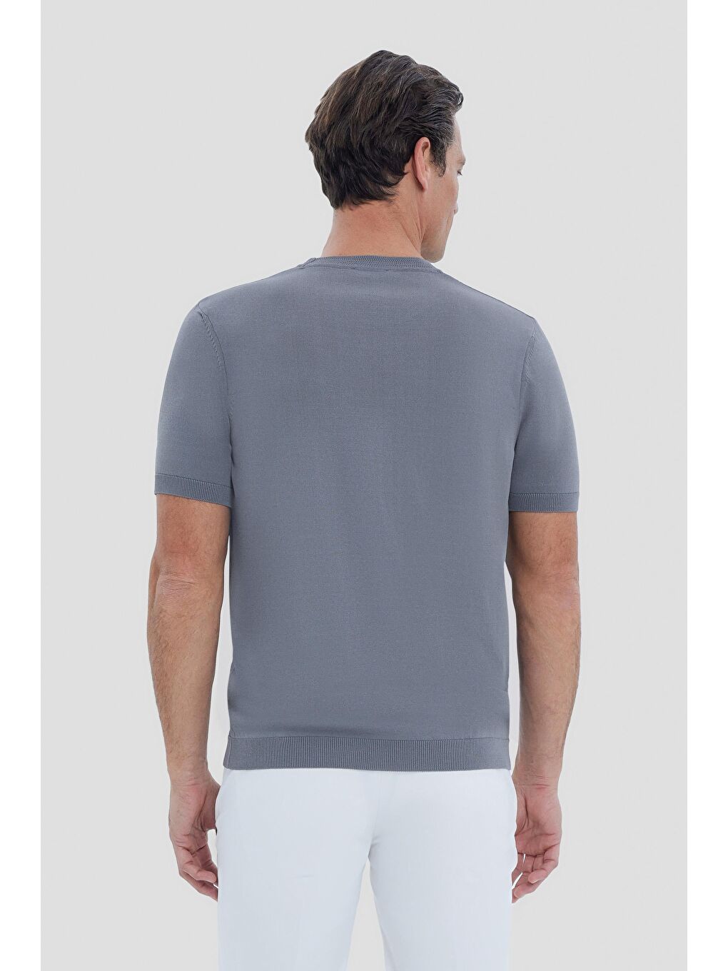 Gri Slim Fit Triko Bisiklet Yaka Tişört-2