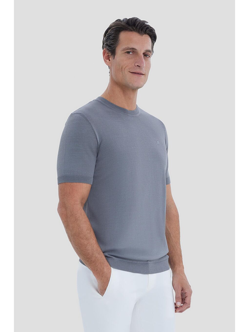 Gri Slim Fit Triko Bisiklet Yaka Tişört-3