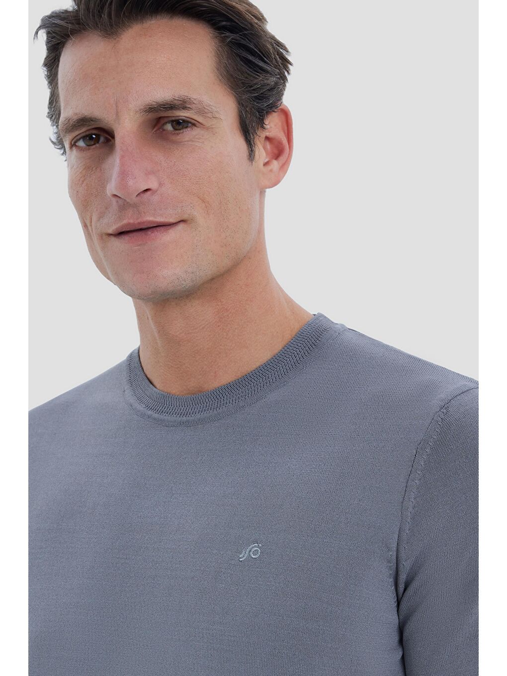 Gri Slim Fit Triko Bisiklet Yaka Tişört-4