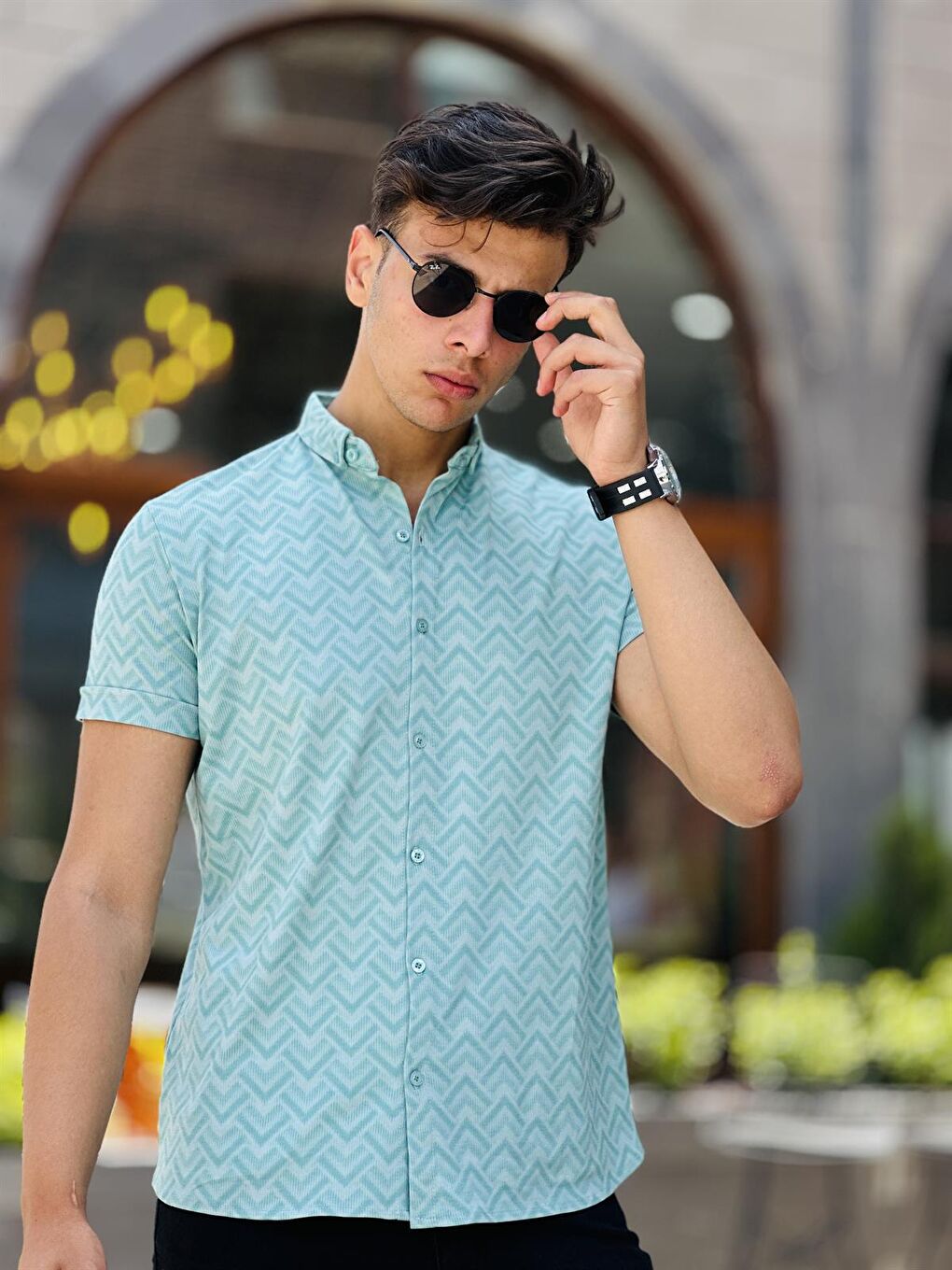 Turkuaz Oxford Geçişli Dijital Baskı Kısa Kollu Gömlek-Su Yeşili