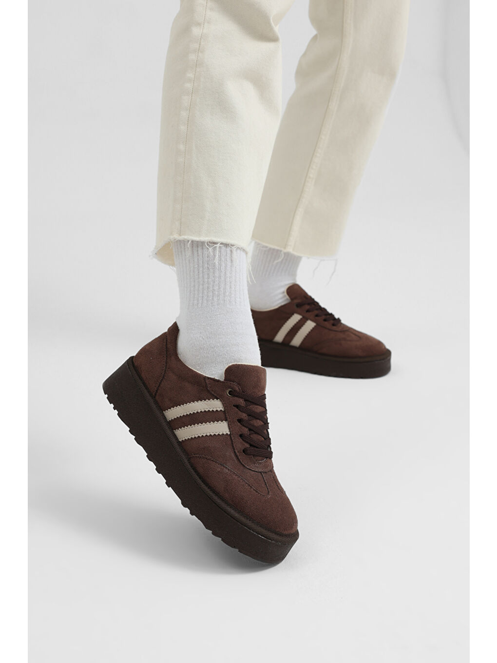 Kahverengi Kadın Acı Kahve Kadın Süet Rahat Kalıp Sneaker-2