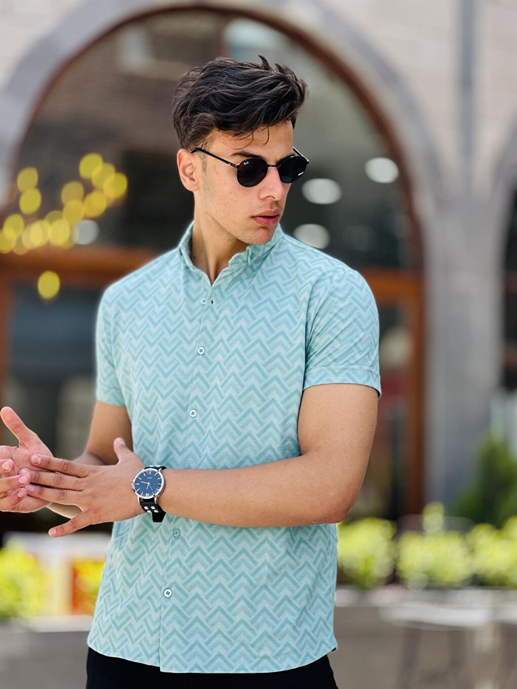 Turkuaz Oxford Geçişli Dijital Baskı Kısa Kollu Gömlek-Su Yeşili-1