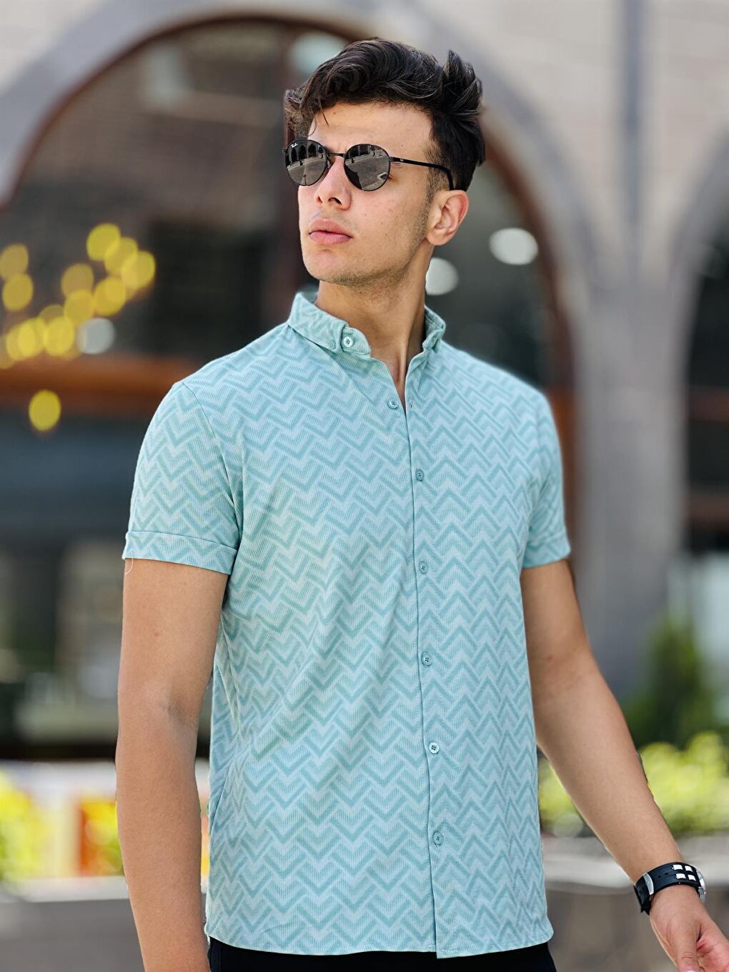 Turkuaz Oxford Geçişli Dijital Baskı Kısa Kollu Gömlek-Su Yeşili-2